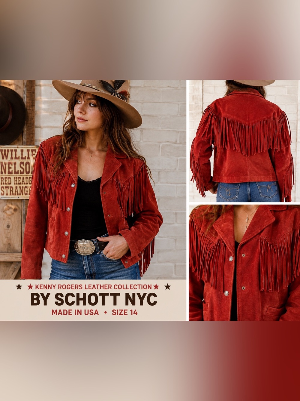 Vintage Schott NYC Red Suede Fringe Western Jacket Kenny Rogers USA Sz 14